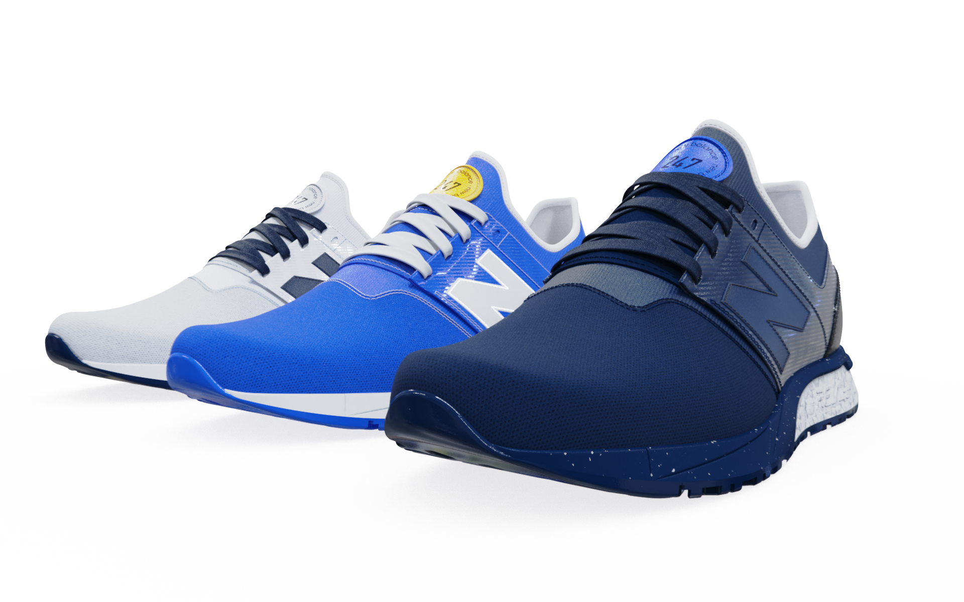Shoe colorway variations rendered from one design file