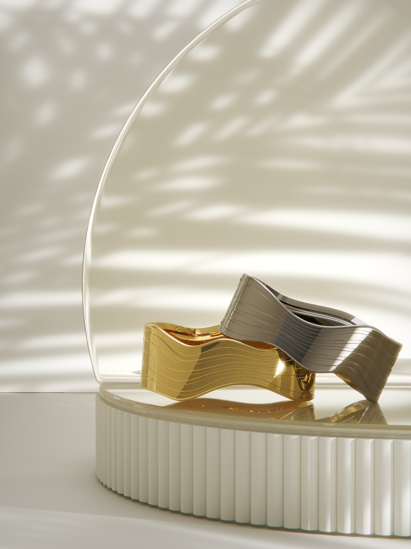 KeyShot rendering of Venus Safety bracelets in gold and silver versions