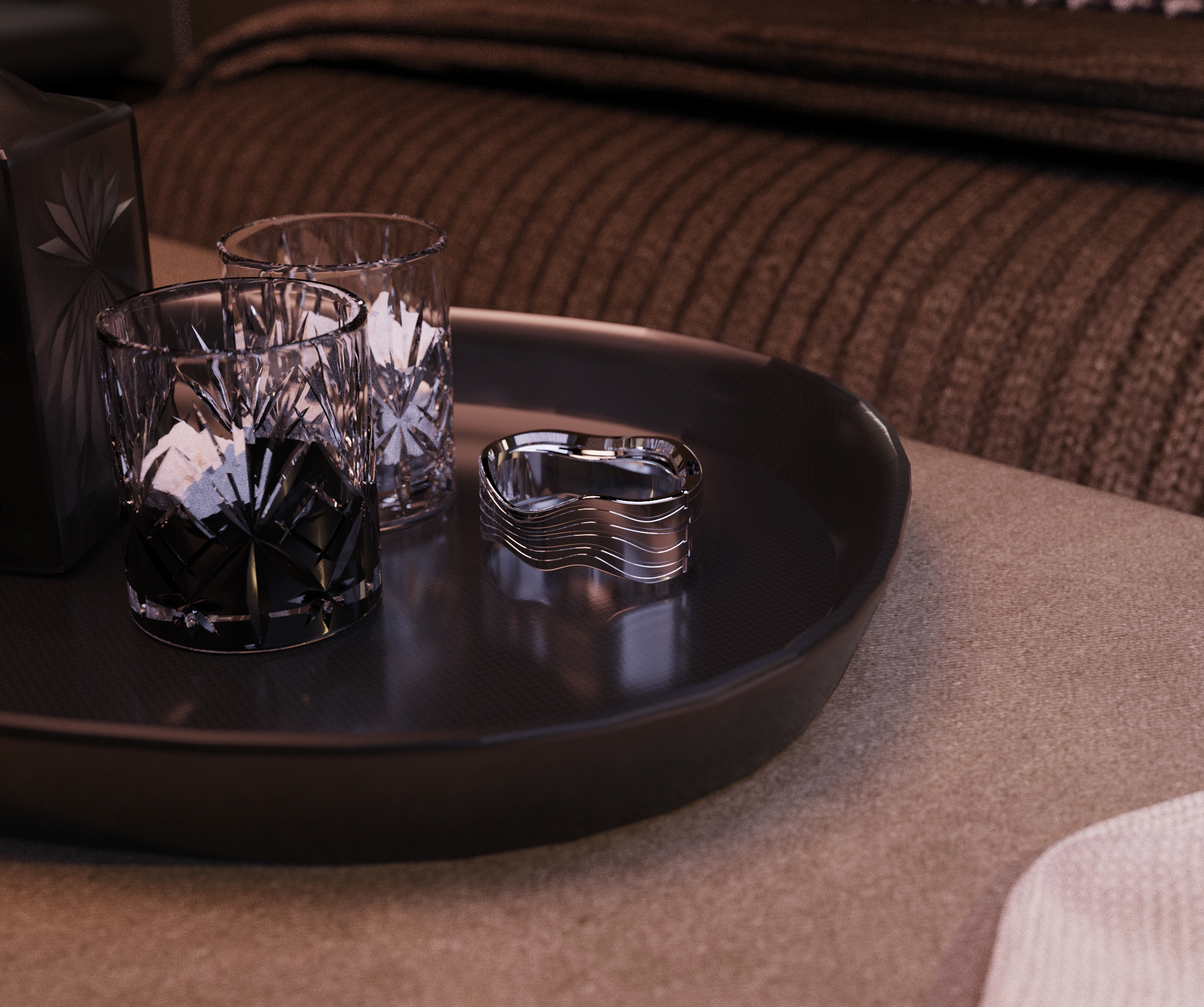 In situ KeyShot rendering of Venus Safety bracelet on table tray with glass