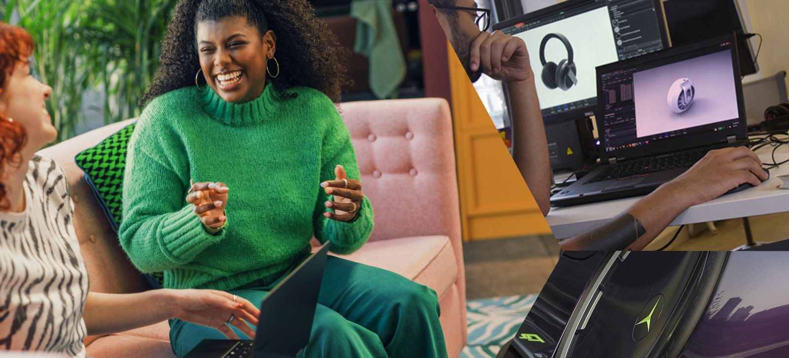 Designers laughing on a sofa with a laptop, next to a KeyShot render of headphones on screen Designers laughing on a sofa with a laptop, next to a KeyShot render of headphones on screen