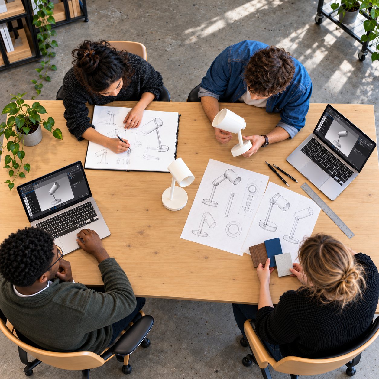 Design students working together at a table covered in sketches and laptops