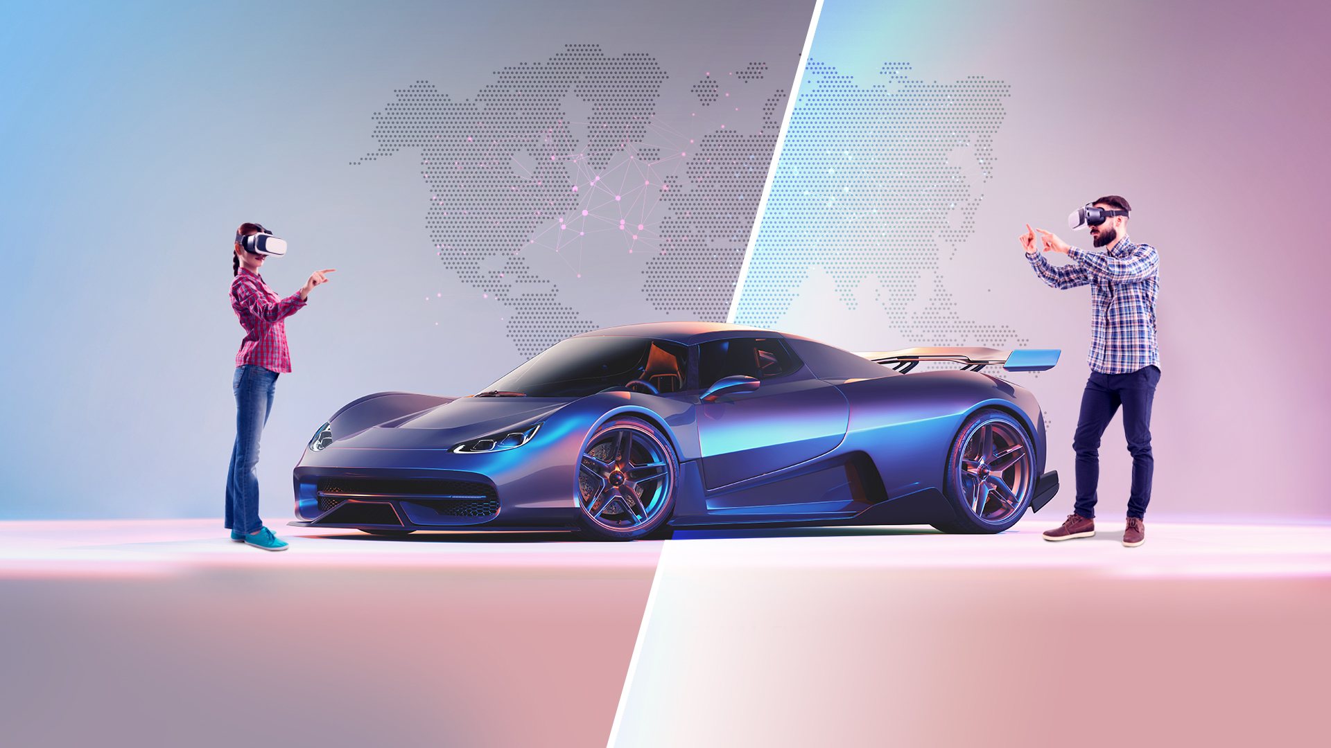 Two people reviewing a 3D car model together in KeyShot Studio VR